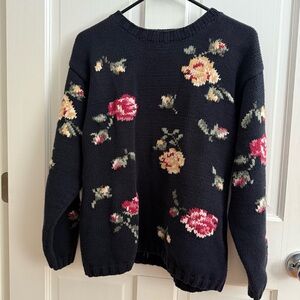 Vintage Eddie Bauer Floral Knit Sweater - Navy with Pink and Yellow Accents